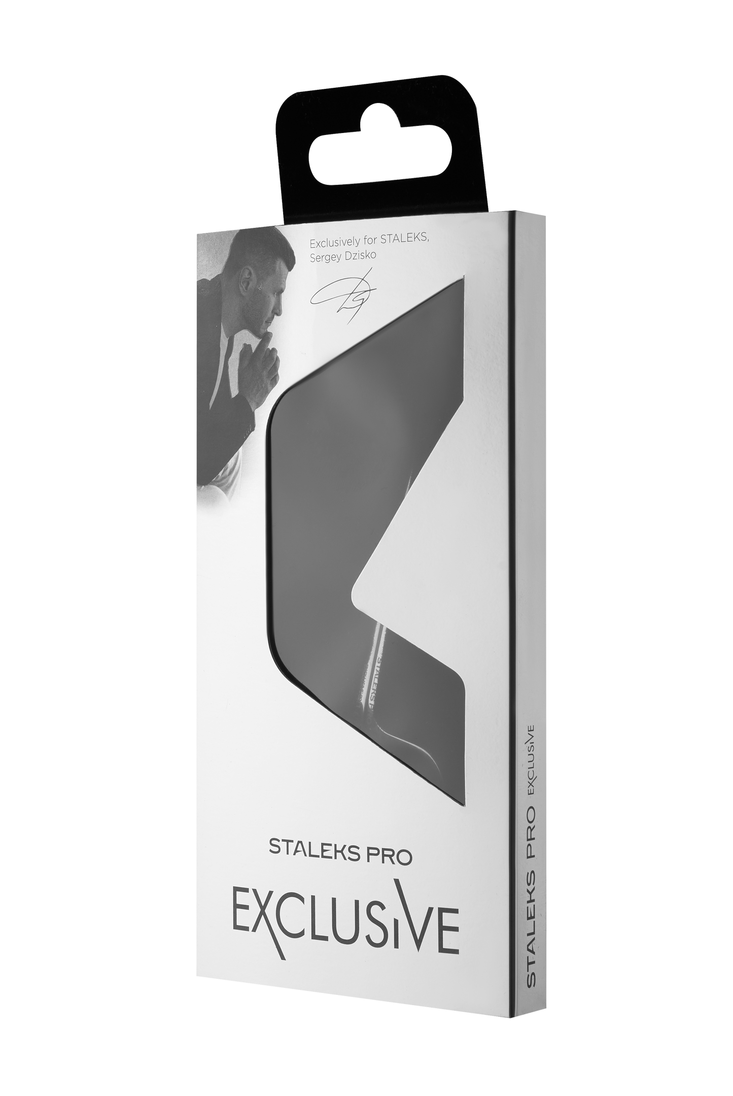 Black and white image of surgically precise Staleks Pro Exclusive cuticle scissors with elongated handles product packaging with a clear window showing part of the product inside. The package features a graphic and text.