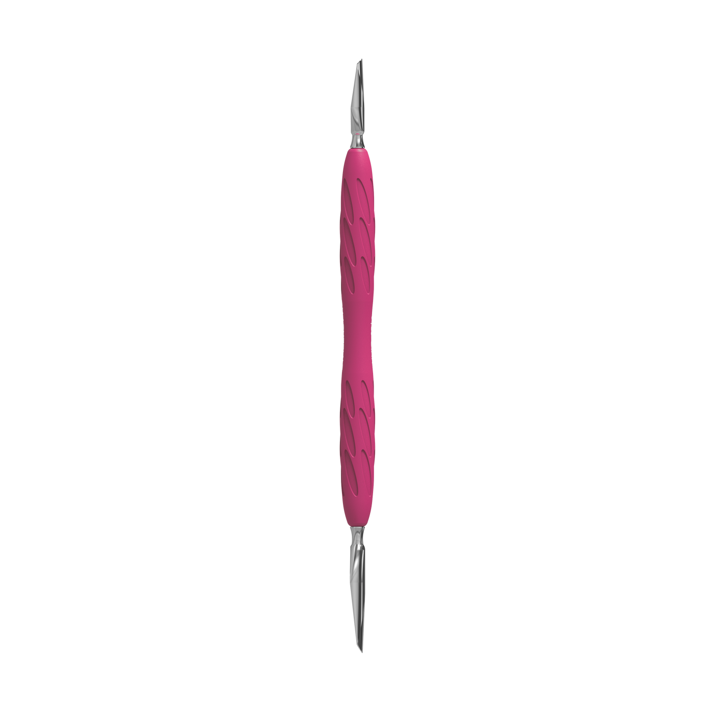 Introducing the STALEKS PRO Gummy Manicure Pusher UNIQ 10 TYPE 1 by Staleks, featuring a durable textured pink silicone handle and hypoallergenic stainless steel tips in both wide rounded and narrow rounded designs, perfect for various manicure and nail care tasks.