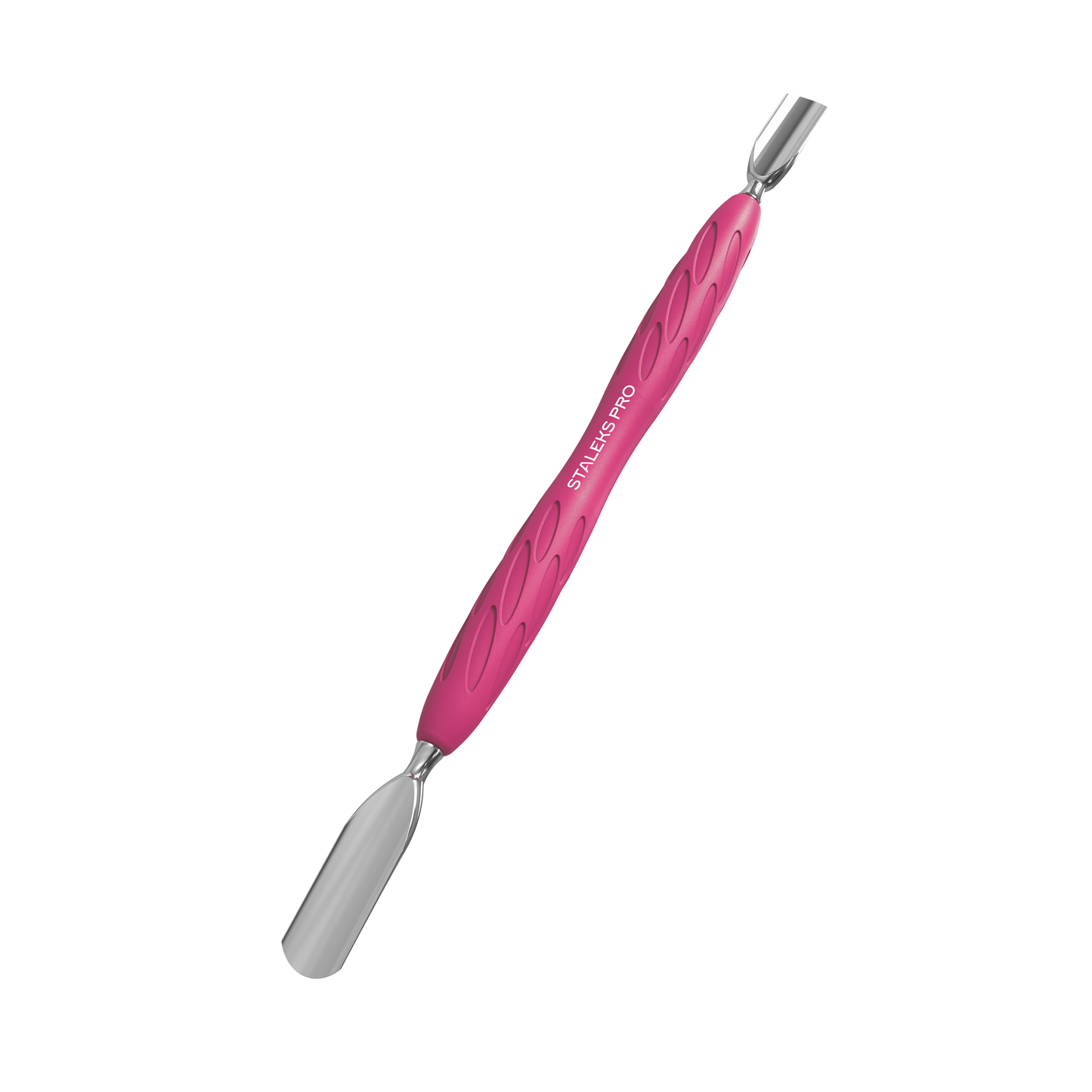Introducing the STALEKS PRO Gummy Manicure Pusher with Silicone Handle UNIQ 10 TYPE 1 by Staleks, featuring a hypoallergenic pink, textured handle. This dual-ended tool includes a wide rounded pusher on one end and a narrow rounded pusher on the other, precisely crafted from stainless steel for both cuticle care and nail maintenance.