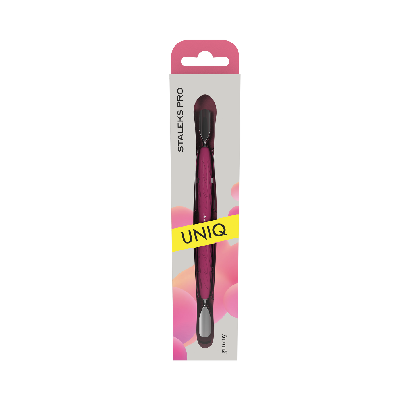The image presents the packaging of the STALEKS PRO Gummy Manicure pusher with silicone handle UNIQ 10 TYPE 1, showcasing a dual-ended tool featuring pink silicone handles and hypoallergenic stainless steel tips. The Staleks brand name is visible on the left, and the packaging displays patterns of pink and white bubbles.