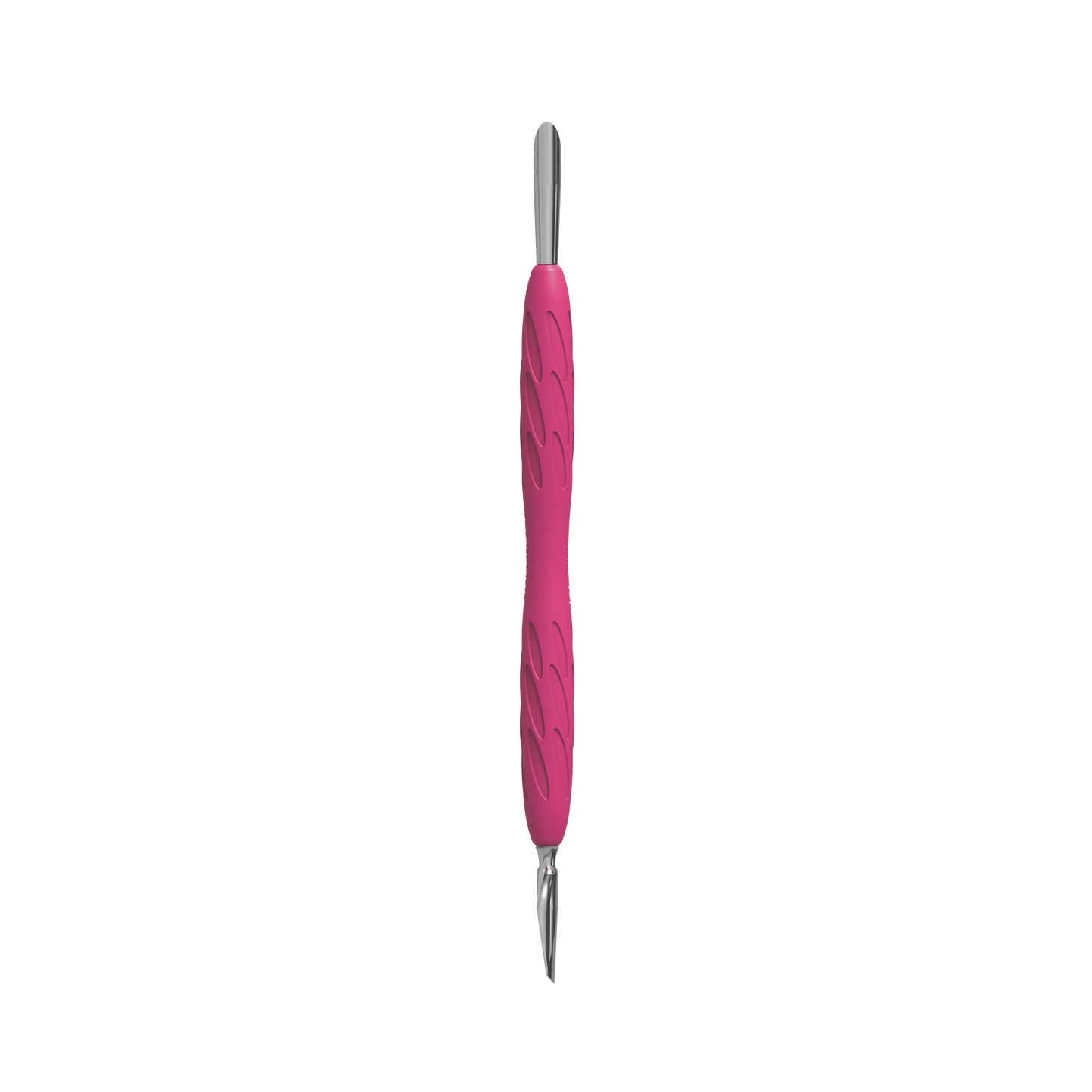 The STALEKS PRO Gummy Manicure Pusher with Silicone Handle UNIQ 10 TYPE 2 by Staleks, featuring metal tips with a narrow rounded pusher on one end and a slanted pusher on the other, includes a textured pink silicone handle for an enhanced grip, making it ideal for manicures and pedicures.