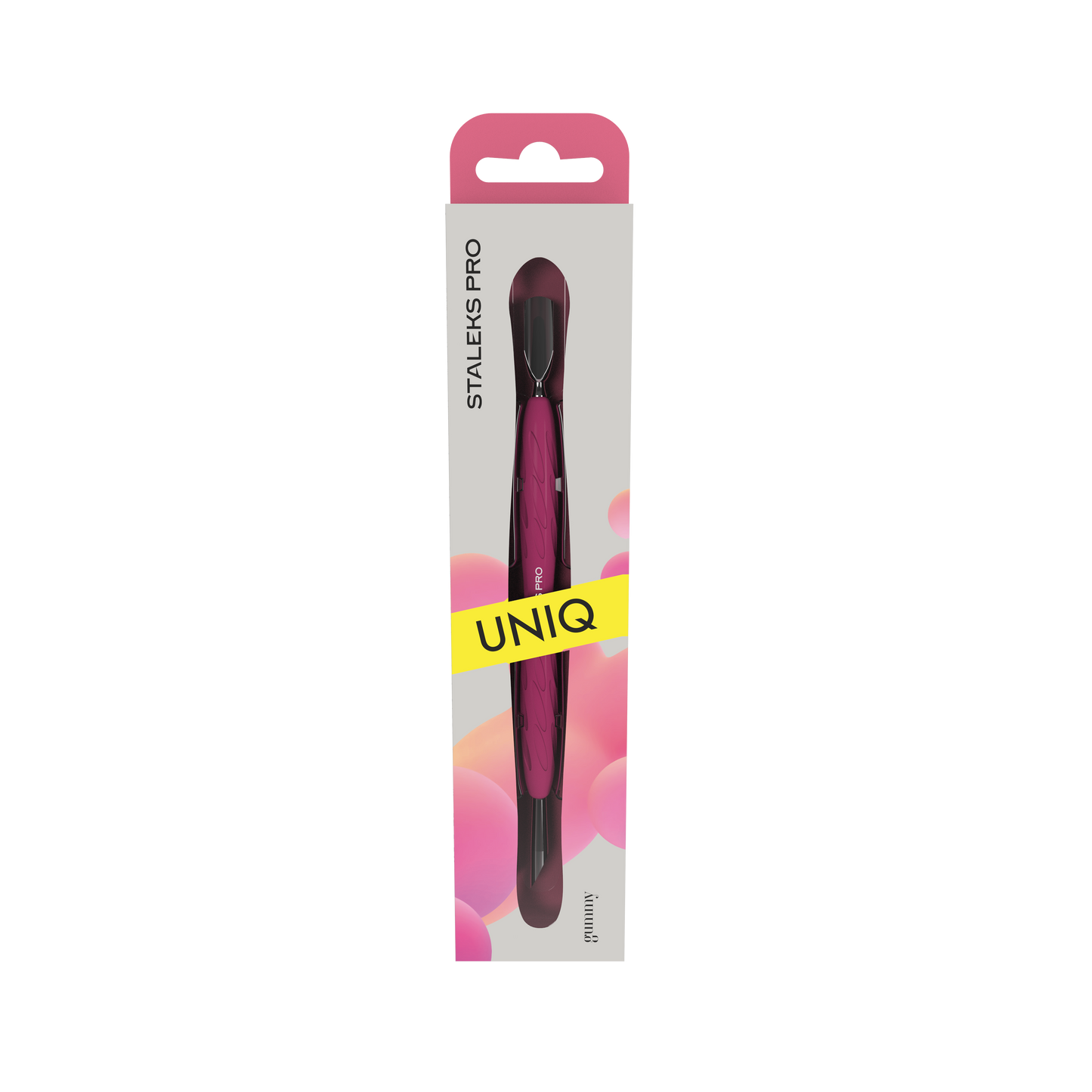 The STALEKS PRO Gummy Manicure Pusher with Silicone Handle UNIQ 10 TYPE 2, designed by Staleks, features professional manual sharpening and comes packaged in a clear plastic wrap with a pink background and a yellow "UNIQ" sticker across the middle. This dark-colored tool is equipped with a silicone handle for easy grip, making it perfect for precision manicure and pedicure pushers.