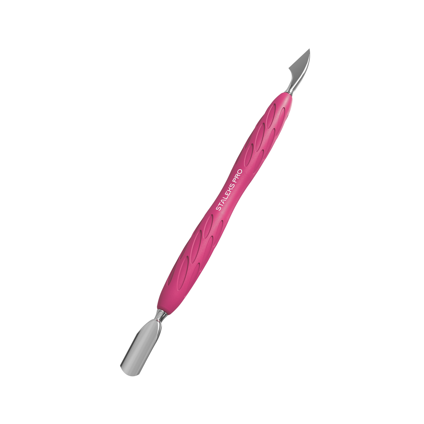 The STALEKS PRO Gummy Manicure Pusher with Silicone Handle UNIQ 10 TYPE 3 from Staleks is a dual-ended tool in pink designed for secure grip and optimal performance. It features a narrow rounded pusher on one end and a professionally sharpened hatchet blade on the other, making it ideal for both manicures and pedicures.