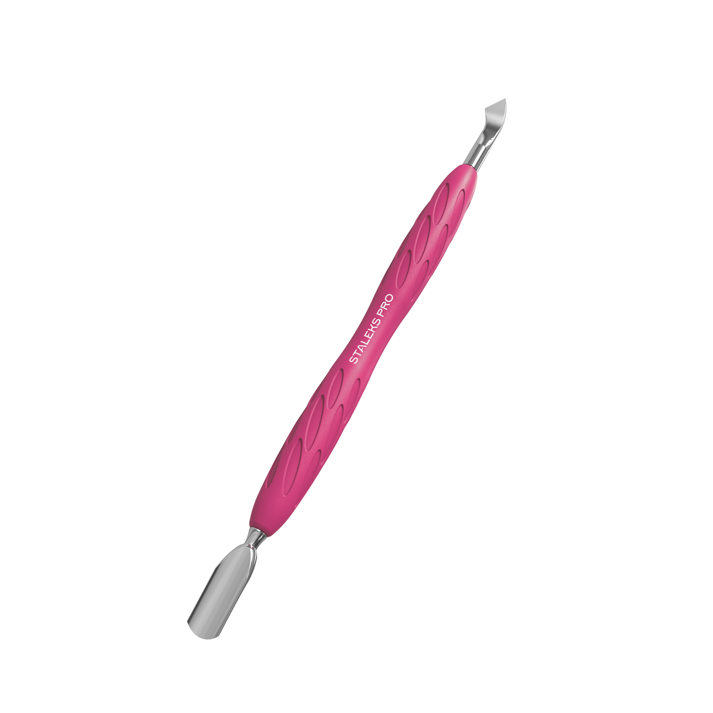 Introducing the STALEKS PRO Gummy Manicure Pusher with Silicone Handle UNIQ 10 TYPE 4.2 by Staleks, a professionally sharpened grooming tool in pink and silver for precise manicures or pedicures. It features a textured silicone handle and dual-ended design with a narrow rounded pusher on one side and a bent blade on the other.