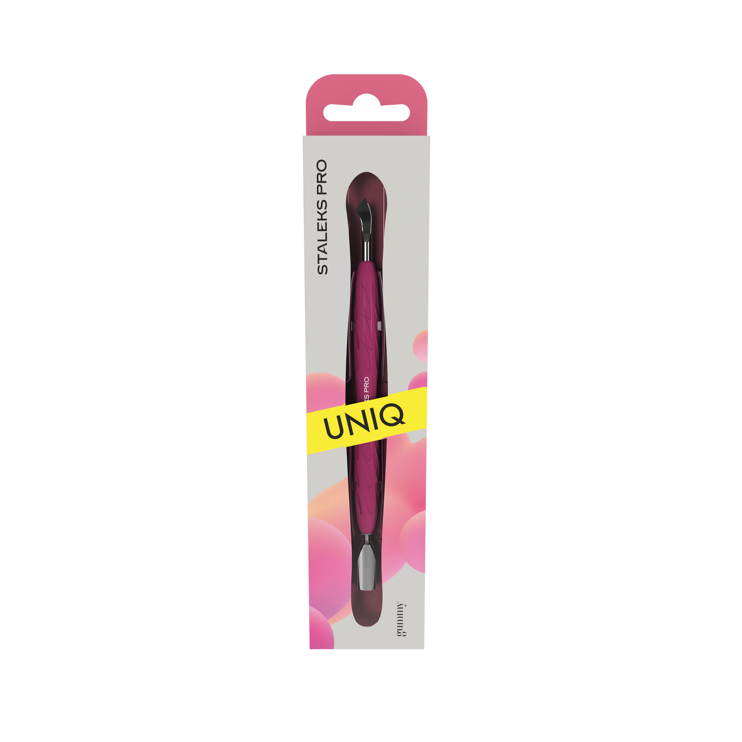 The packaging of the STALEKS PRO Gummy Manicure Pusher with Silicone Handle UNIQ 10 TYPE 4.2 from Staleks highlights a modern box design featuring pink accents and a transparent section, which displays a sleek pink tool with a silicone handle. This beauty essential is perfect for manicure and pedicure tasks, showcasing its professional manual sharpening with a narrow rounded pusher and bent blade.