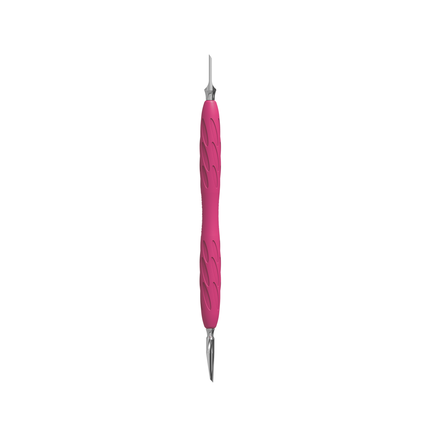 A pink STALEKS PRO Gummy Manicure Pusher featuring a textured silicone handle and narrow rounded pusher on one end, wide blade on the other, crafted from stainless steel, isolated on a black background.