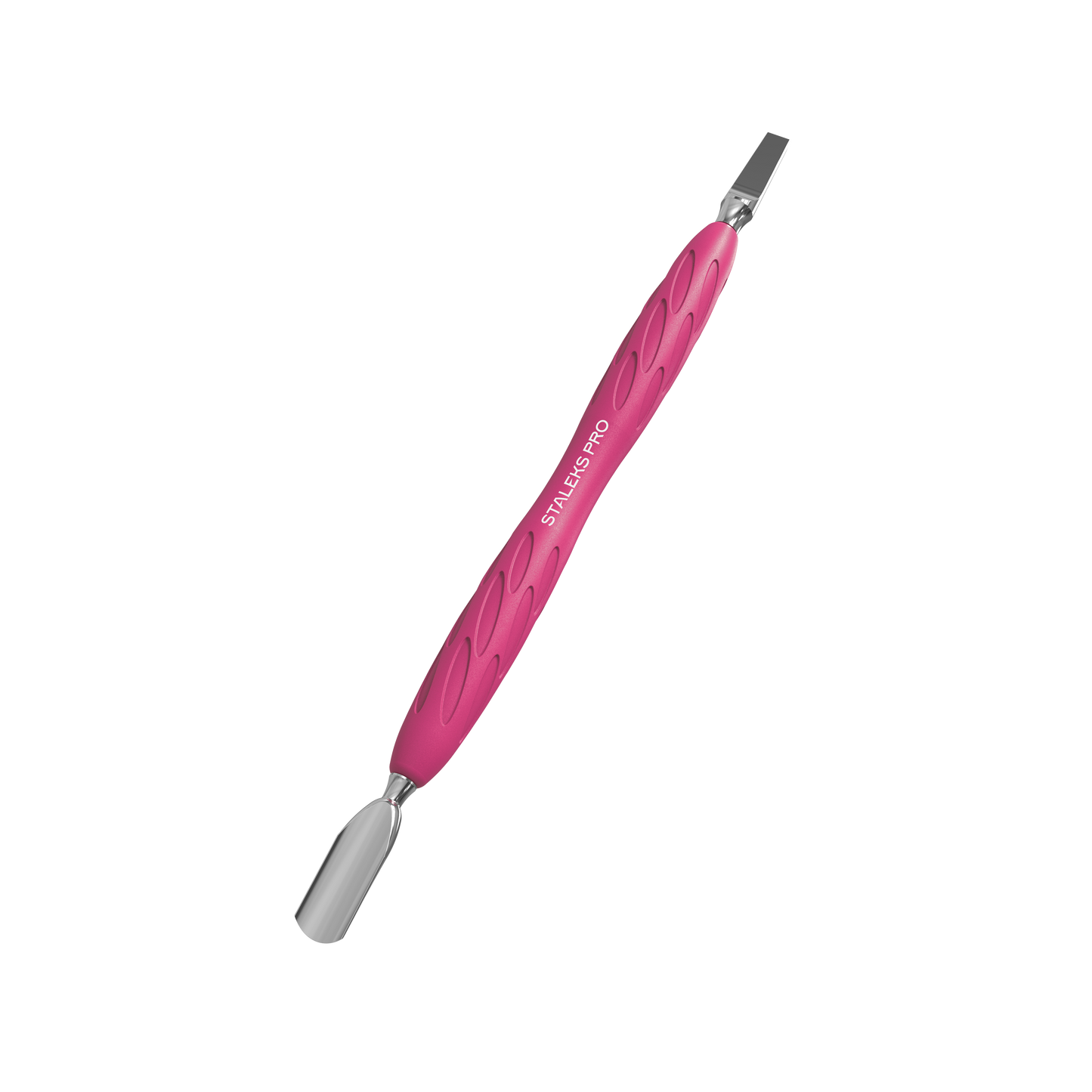 Staleks STALEKS PRO Gummy Manicure Pusher with Silicone Handle UNIQ 10 TYPE 5 features a narrow rounded pusher on one end and a wide blade on the other, all with a textured pink silicone handle.