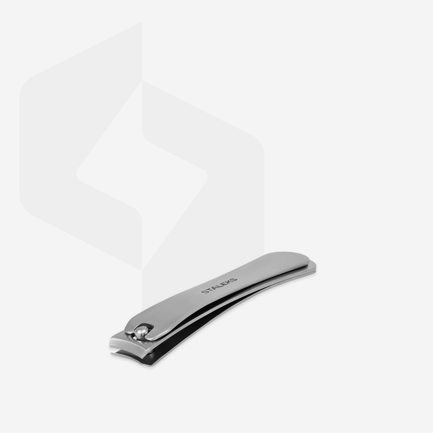 The STALEKS Nail Clipper Large BEAUTY & CARE 11 by Staleks, crafted from stainless steel with a shiny finish, is showcased against a light grey background, ideal for home nail care.
