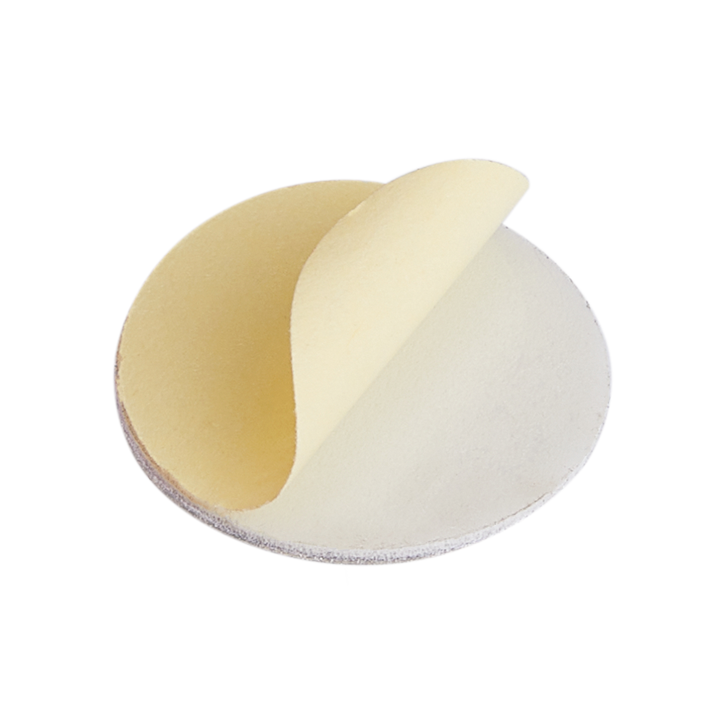 A Staleks communion wafer, partially folded and lifted, showing its thin, round shape and smooth texture with an abrasive grit finish, set against a transparent background.
