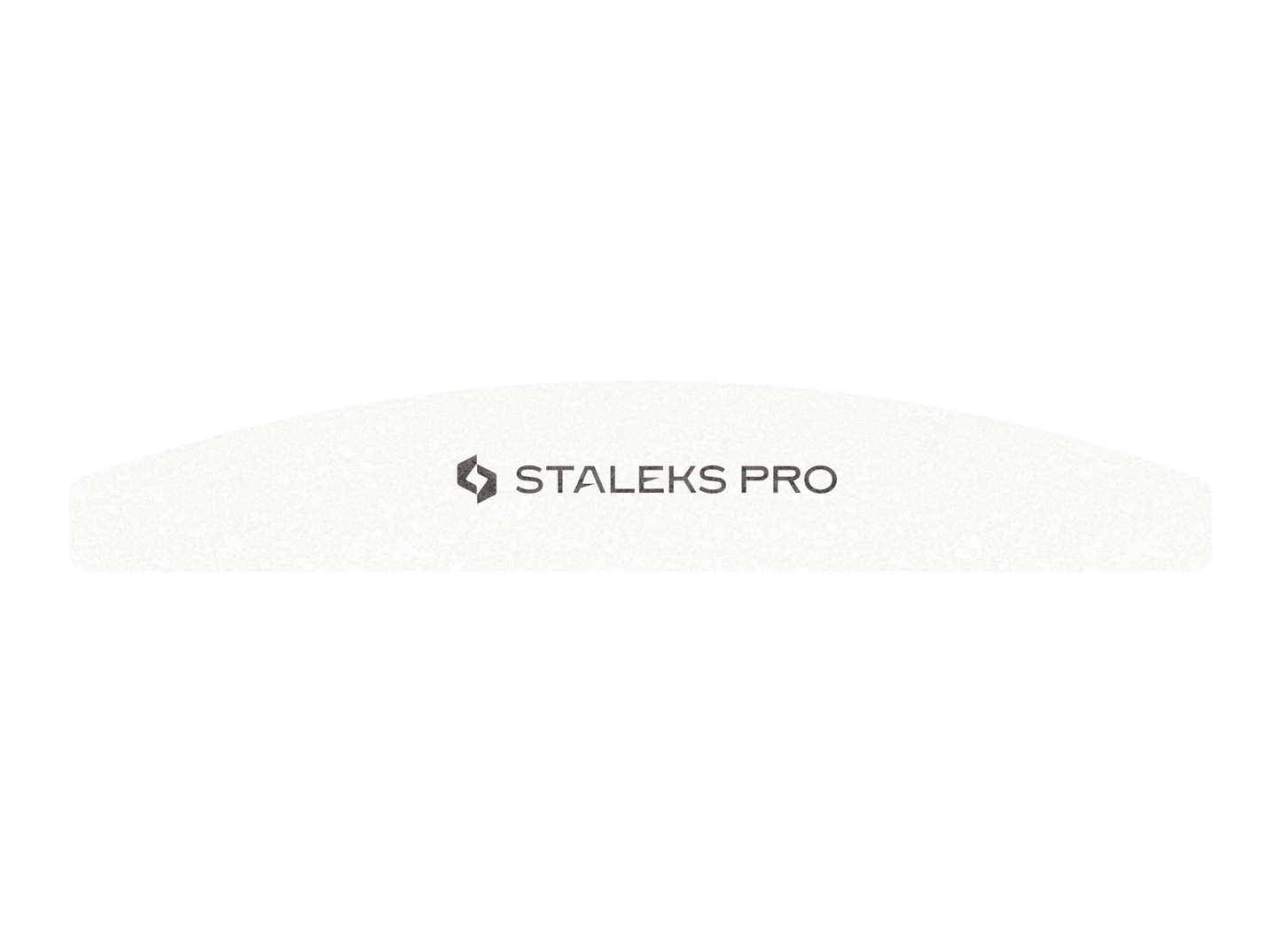 The STALEKS PRO Grinding Buff crescent EXPERT 41, a white curved nail file (100/180 grit) with "STALEKS PRO" branding, features straight bottom and rounded top edges—ideal for shaping artificial nails. Sold in packs of 10. Brand: Staleks.