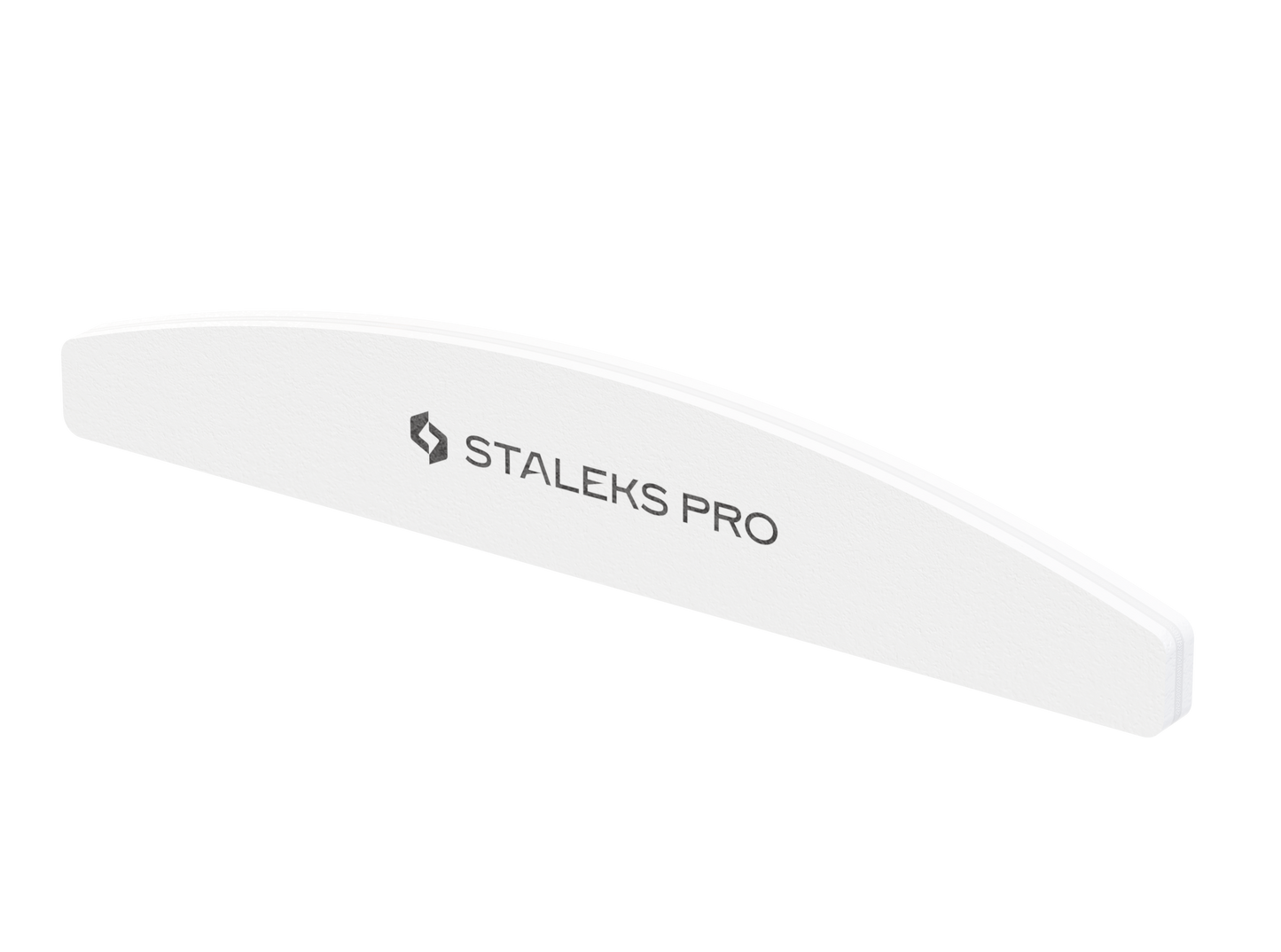 A white, crescent-shaped STALEKS PRO Grinding Buff EXPERT 41 nail file (100/180 grit, 10 pcs) with the Staleks logo in black is shown on a white background.