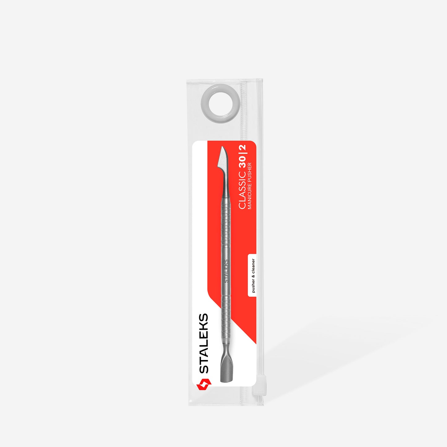 A stainless steel cuticle pusher and cleaner housed in a clear plastic case with a red and white "Classic 30/2" label from Staleks. This STALEKS PRO tool includes a narrow rounded pusher and a cleaner hatchet, ideal for precise cuticle care.