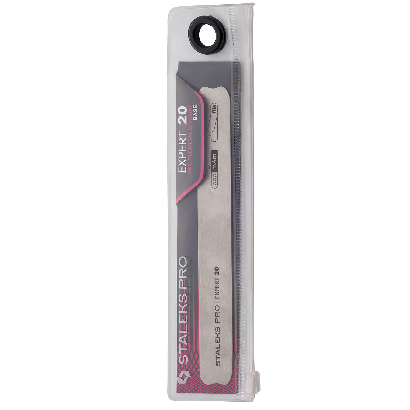 A high-quality STALEKS PRO Nail file metal straight (base) EXPERT 20 packaged in a clear plastic blister pack with a pink and gray label. The label reads "Staleks Pro Expert 20" and "18mm.
