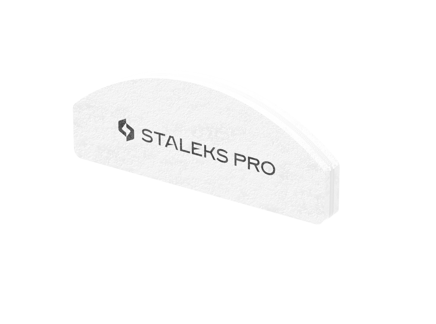 A white, semi-circular nail buffer block labeled "STALEKS PRO," the Grinding Buff Crescent mini EXPERT 41 by Staleks, with 100/180 grit abrasive coating. Set includes 20 pieces.