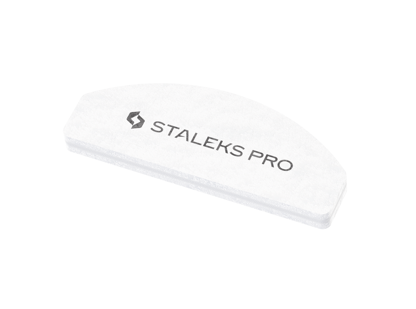 The STALEKS PRO Grinding Buff Crescent mini EXPERT 41 (100/180 grit, 20 pcs) by Staleks is a white, semi-circular nail buffer with a gray "STALEKS PRO" logo, shown on a black background.