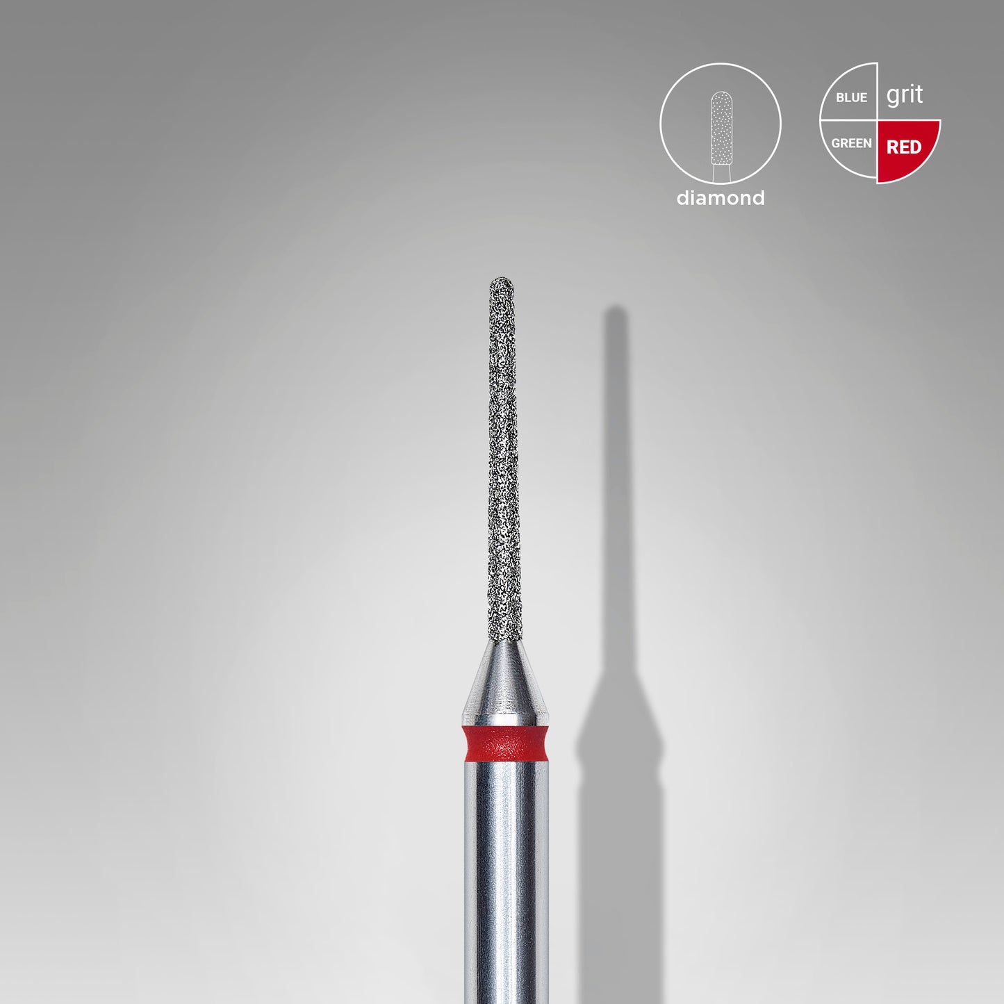 A close-up of the STALEKS PRO Diamond nail drill bit, designed with a narrow cylindrical shape similar to a precise diamond nozzle. The neddle head features a red band near its base indicating it's suitable for nail correction and has medium grit. It's set against a gray background with graphic icons in blue, green, and red.