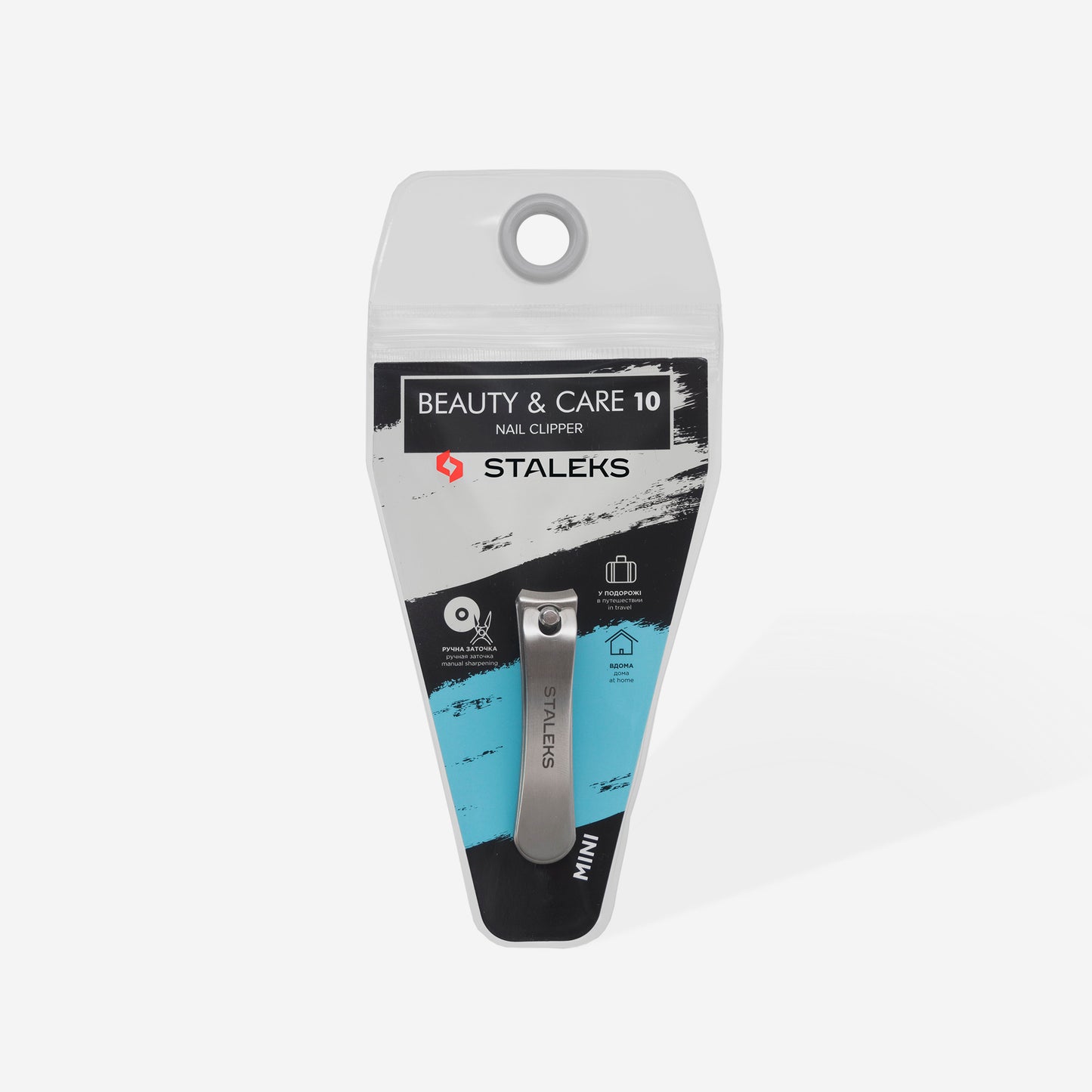 The packaging of the STALEKS Nail Clipper Small BEAUTY & CARE 10 by Staleks boasts a modern design with sleek black, white, and blue colors. It prominently features an image emphasizing the compact size and robust stainless steel construction of the nail clippers.