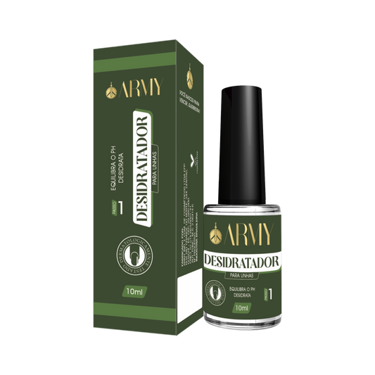 A green and black bottle of ARMY Step 1 Dehydrator from Army Cosmeticos sits next to its matching box, ideal for preparing the nail bed before a manicure. The 10ml product includes Portuguese text about pH level balancing.