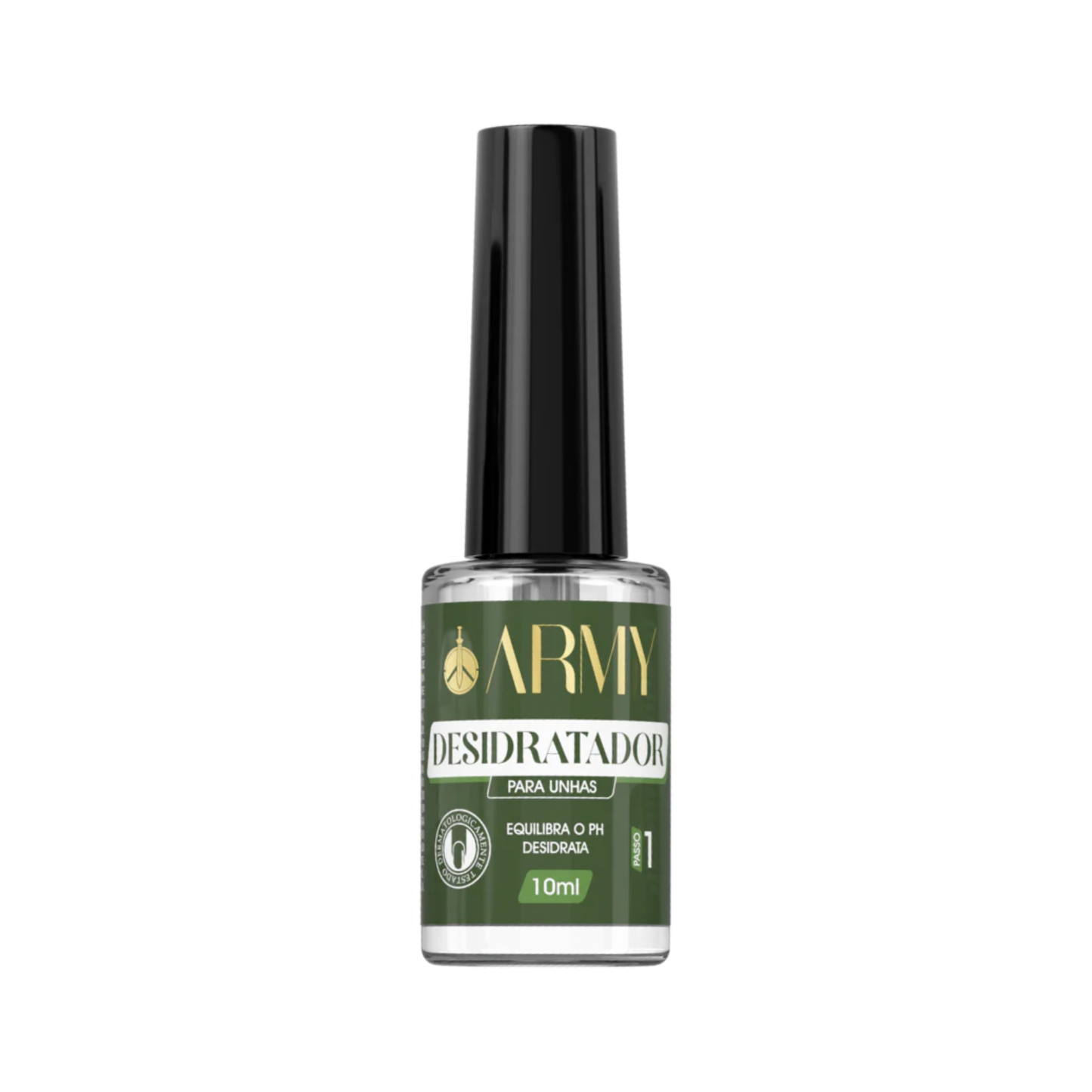 A 10ml bottle of ARMY Step 1 Dehydrator from Army Cosmeticos features a sleek black cap and a green and white label that highlights its pH balancing and nail bed dehydrating properties, ideal for manicure preparation.