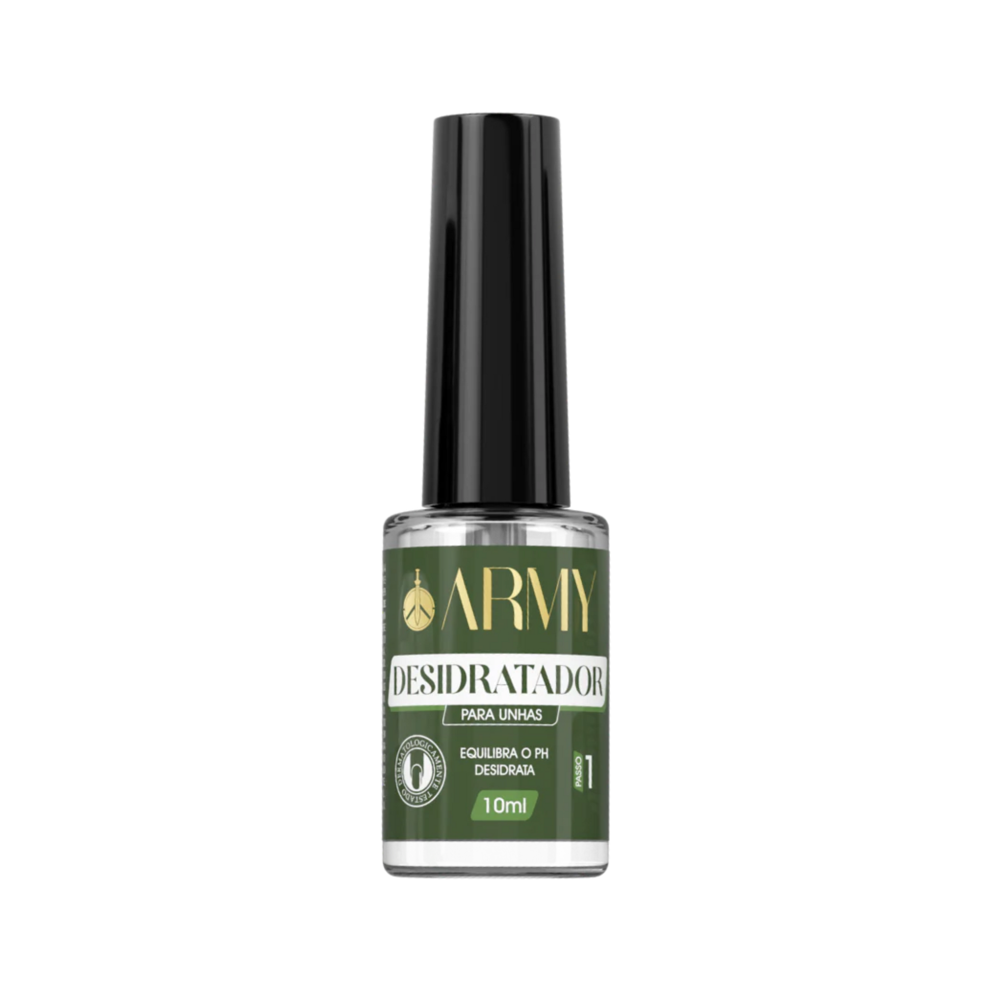 A 10ml bottle of ARMY Step 1 Dehydrator from Army Cosmeticos features a sleek black cap and a green and white label that highlights its pH balancing and nail bed dehydrating properties, ideal for manicure preparation.
