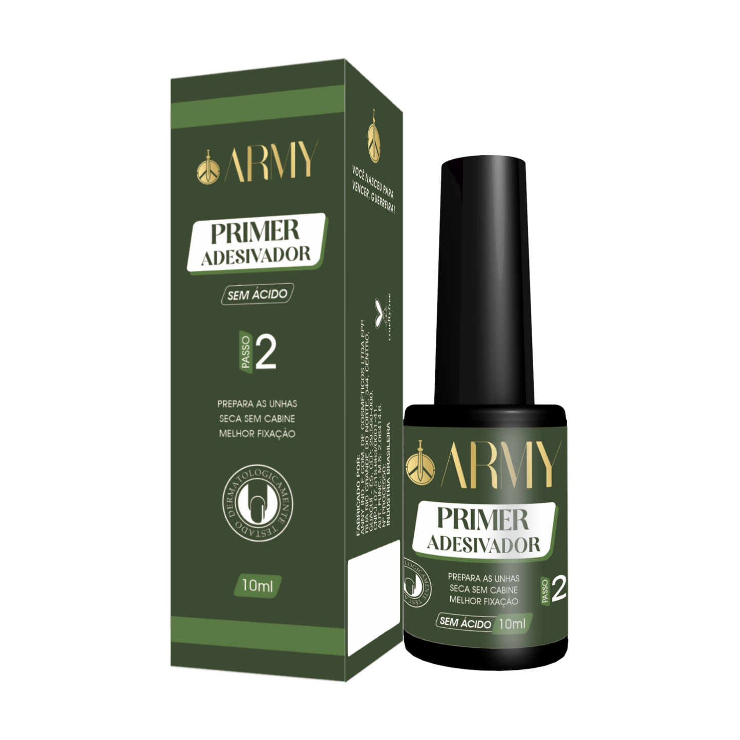 A bottle and box of "ARMY Step 2 Adhesive Primer" by Army Cosmeticos enhances nail adhesion, making it perfect for natural nails. The 10 ml product features a green and black package with gold text, emphasizing its acid-free formula.