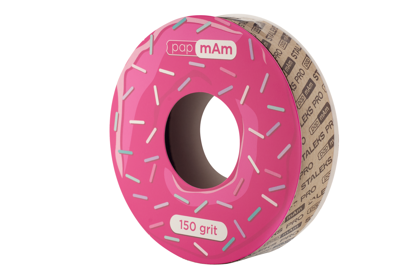 A roll of Staleks PRO papMam White Disposable Abrasive Tape File EXPERT designed to resemble a pink frosted donut with colorful sprinkles, labeled "150 grit" on the side.