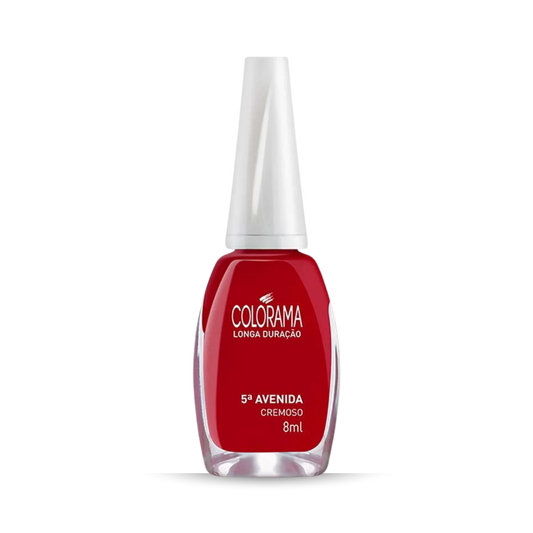 The Colorama Regular Nail Polish in Creamy Red "5ª Avenida," features an 8 ml clear container, white cap, and vibrant hue. Its high coverage and long-lasting "Longa Duração" formula keep your nails stunning.