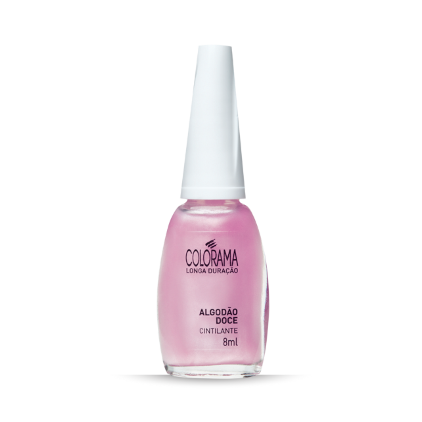 An 8ml bottle of Colorama Regular Nail Polish in Shimmering Pink Cotton Candy, featuring a white cap, offers long-lasting wear.