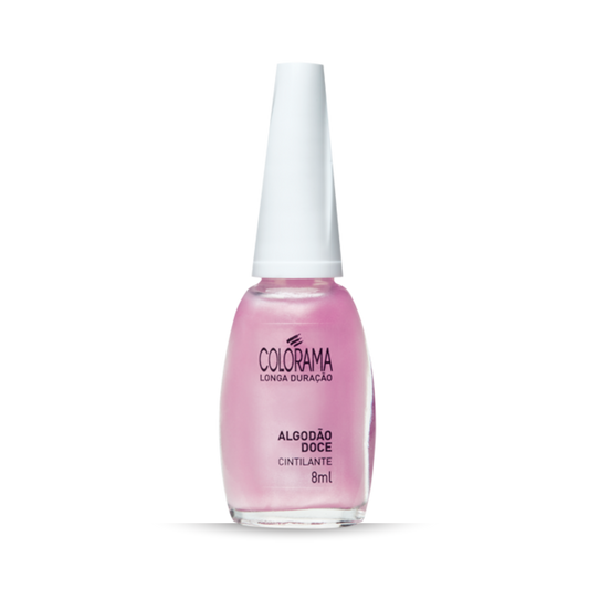 An 8ml bottle of Colorama Regular Nail Polish in Shimmering Pink Cotton Candy, featuring a white cap, offers long-lasting wear.