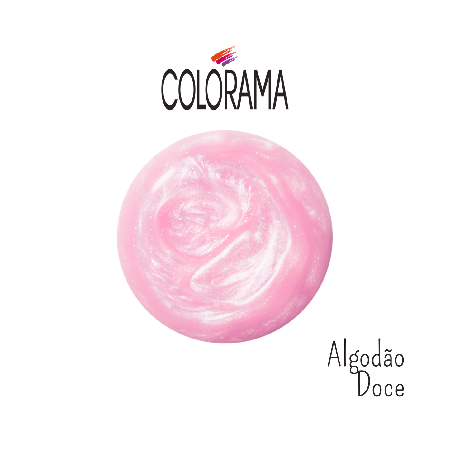 A circular swatch of shimmering pink nail polish features the text "Colorama" above it and "Algodão Doce" beside it, echoing the COLORAMA Regular Nail Polish Shimmering Pink Cotton Candy 8 ml for long-lasting wear.