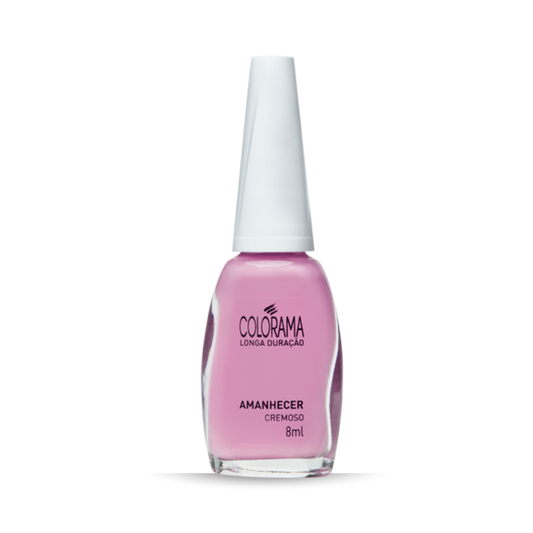 The COLORAMA Regular Nail Polish Creamy Pink Amanhecer, with an 8 ml bottle, features a soft pink hue and is hypoallergenic with a white cap.