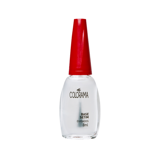A bottle of Colorama COLORAMA Setim Base Coat 8 ml, featuring a transparent body with black text detailing and a red cap. The label indicates it is an 8ml base coat product designed to prevent stains and care for your nails.