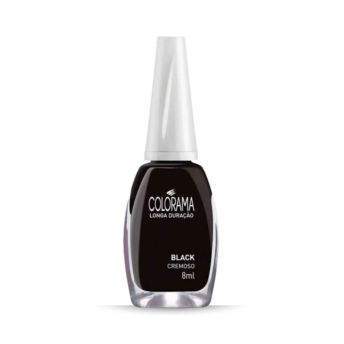 The Colorama Regular Nail Polish in Creamy Black (8 ml) features a sleek, elongated white cap and black base. Known for its high coverage and long-lasting wear, the bottle's label reads "COLORAMA Longa Duração Black Cremoso 8ml" and is set against a plain white background.