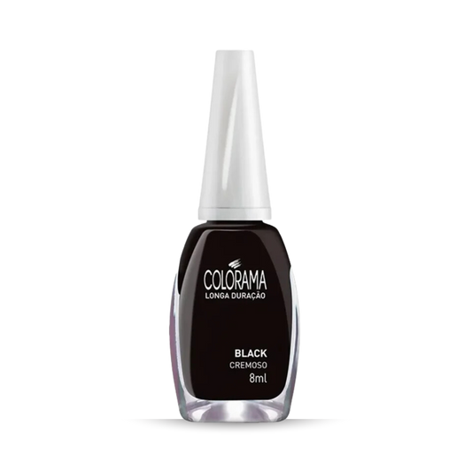 The Colorama Regular Nail Polish in Creamy Black (8 ml) features a sleek, elongated white cap and black base. Known for its high coverage and long-lasting wear, the bottle's label reads "COLORAMA Longa Duração Black Cremoso 8ml" and is set against a plain white background.