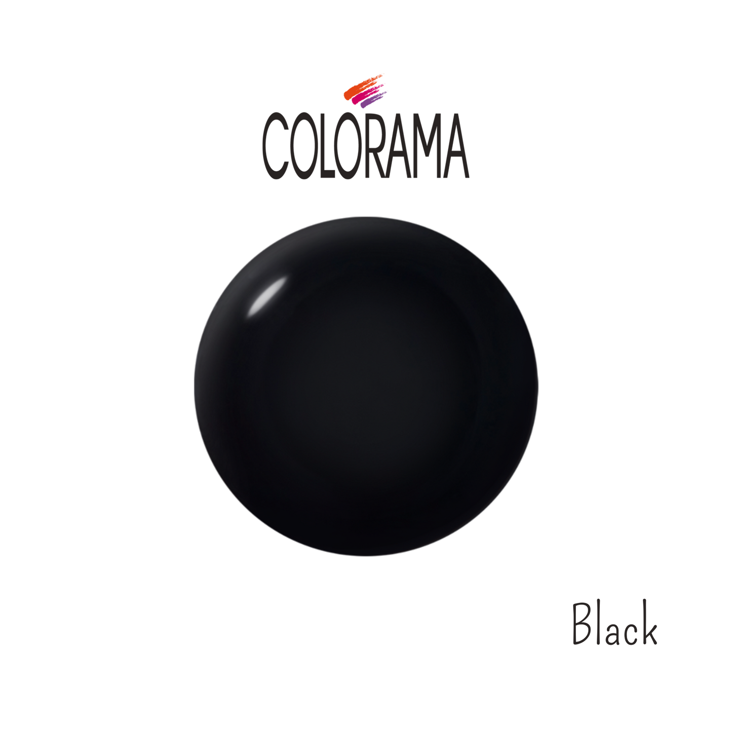 A glossy black circular paint swatch highlights the high-coverage, long-lasting COLORAMA Regular Nail Polish Creamy Black 8 ml. "Colorama" is in capital letters with a rainbow brushstroke above, while "Black" is inscribed elegantly below in lowercase letters.