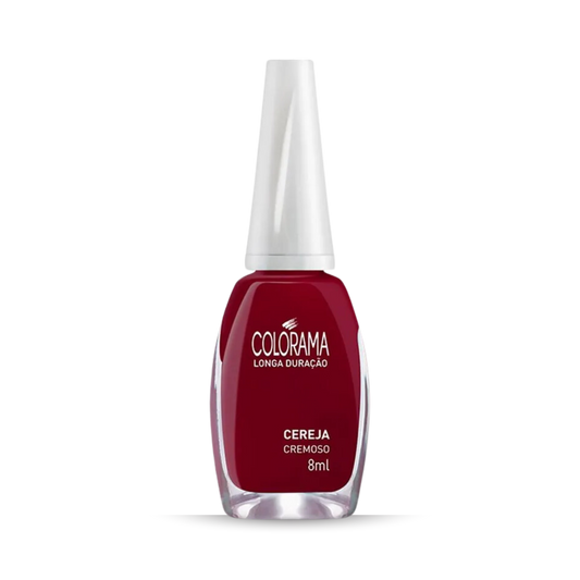 The 8ml COLORAMA Regular Nail Polish in Creamy Cherry (Cereja) features high coverage, intense shine, and comes with a white cap.