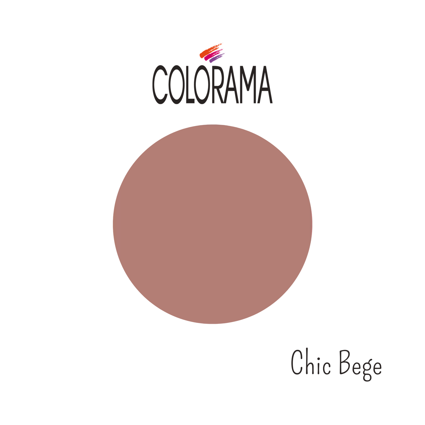 An oval beige "Chic Bege" swatch from Colorama Regular Nail Polish Creamy (8 ml) with a multicolored brushstroke logo promises high coverage and long-lasting wear.