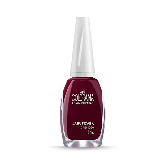 The COLORAMA Regular Nail Polish Creamy Jabuticaba offers a rich Jabuticaba color in an 8ml vegan formula. Topped with a white cap, it's hypoallergenic and features "Longa Duração" on the label, affirming its long-lasting wear and enduring quality.