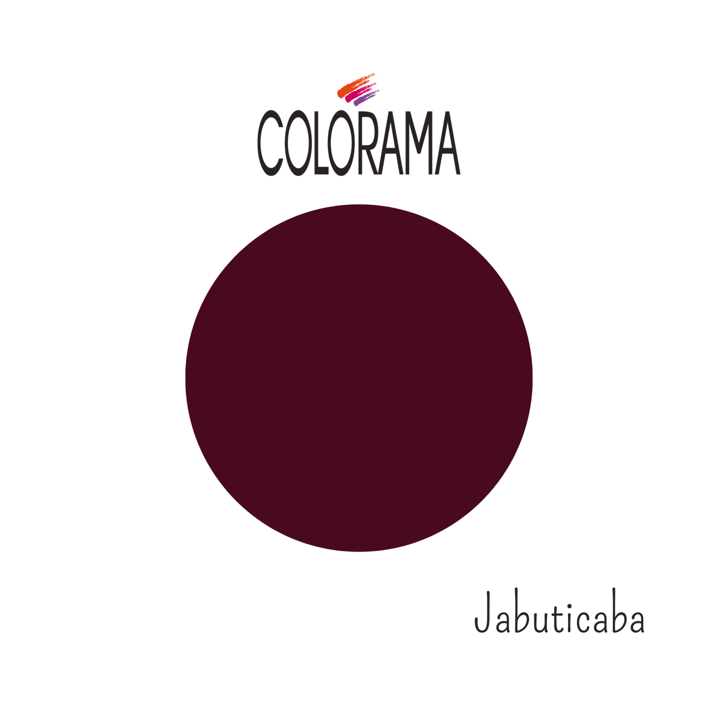 A deep purple circle labeled "Jabuticaba" sits at the bottom right. The top showcases "Colorama," its vegan formula highlighted by a brushstroke of red, pink, and purple. Ideal for those wanting hypoallergenic nail polish in luxurious Jabuticaba. (COLORAMA Regular Nail Polish Creamy Jabuticaba 8 ml).