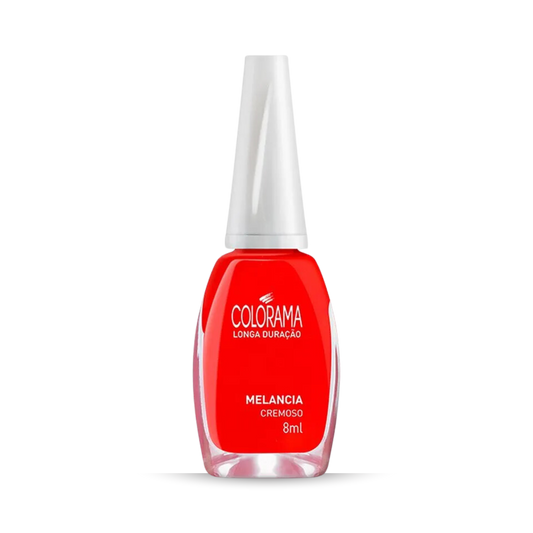 Introducing Colorama's "Melancia" nail polish, a bold Red Watermelon shade in an 8ml bottle. This "cremoso" polish boasts a sleek design with a white lid and is hypoallergenic for worry-free beauty.