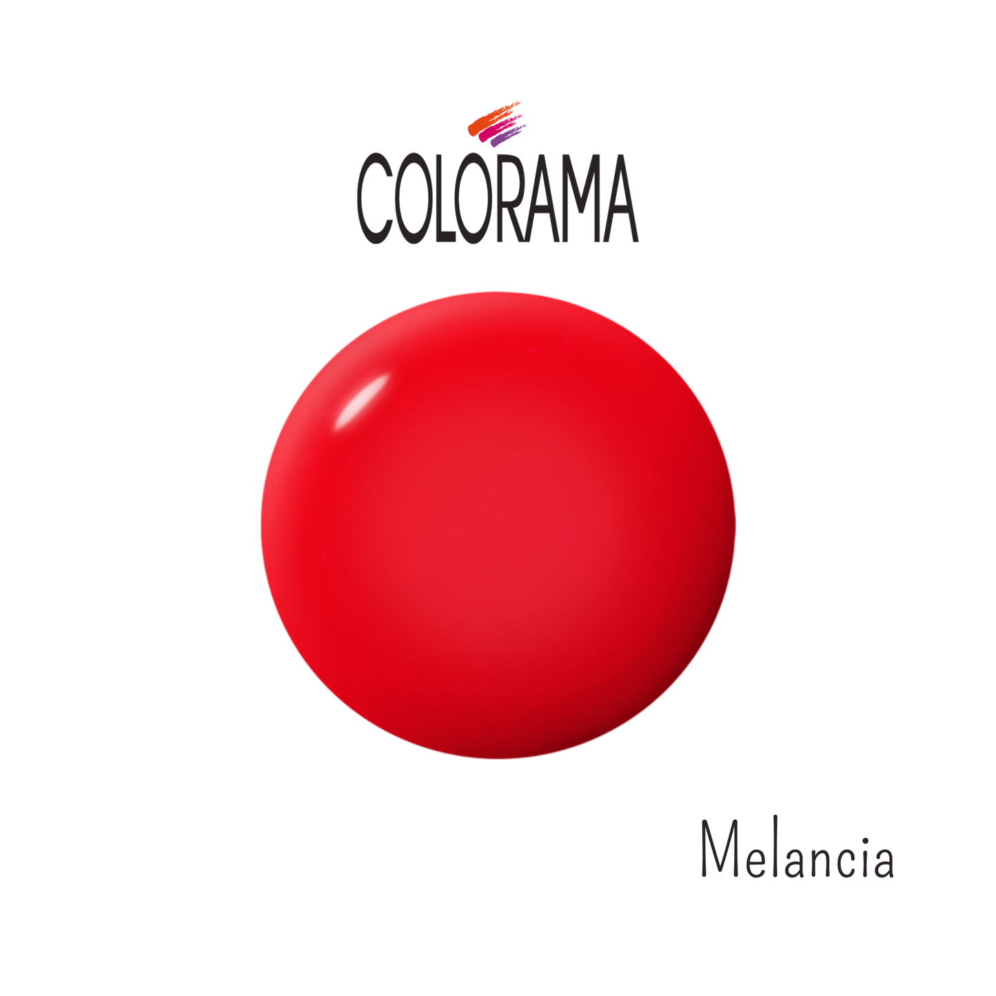 The image showcases the Colorama logo above a vibrant red watermelon-like circle on a black background. Below, the text reads "Melancia," emphasizing its hypoallergenic feature, for COLORAMA Regular Nail Polish Creamy Red Watermelon Melancia 8 ml by Colorama.