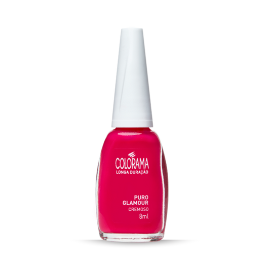 A bright pink 8 ml bottle of Colorama's hypoallergenic "COLORAMA Regular Nail Polish Creamy Dark Pink Puro Glamour" features a white screw-on cap and offers long-lasting wear.