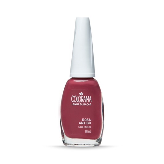 The Colorama Regular Nail Polish in "Creamy Old Rose" offers a long-lasting, hypoallergenic color. It features a white cap and clear glass bottle, displaying the pinkish-red hue with the label stating "Longa Duração, Cremoso, 8ml.