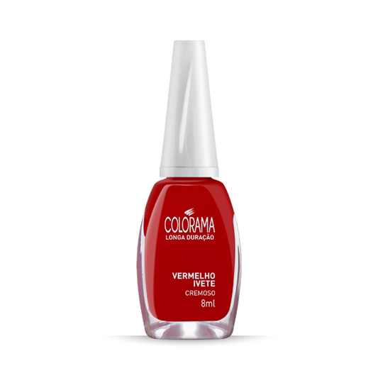 The COLORAMA Regular Nail Polish in "Vermelho Ivete" offers long-lasting, vibrant red color in an 8ml bottle with a white cap, promising high coverage and brilliance.