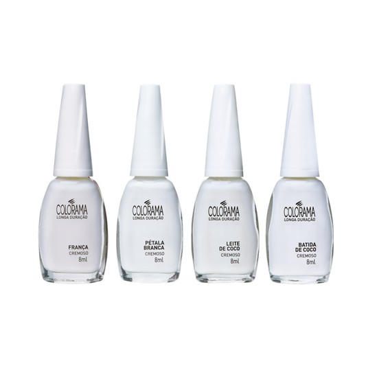 Four 8ml bottles of COLORAMA Regular Nail Polish Creamy White are lined up, each distinguished by unique labels: "França," "Pétala Branca," "Leite de Coco," and "Batida de Coco." Renowned for their durable wear, these hypoallergenic nail polishes from Colorama offer a range of white shades.