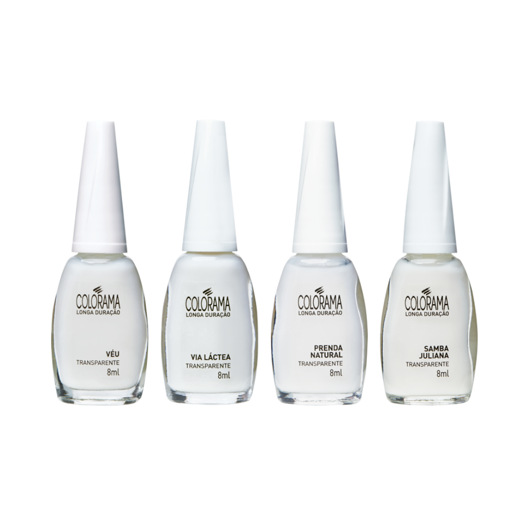 Four 8 ml bottles of Colorama nail polish, labeled "Transparente." From left to right: Véu, Via Láctea, Pétala Natural, Samba Juliana. Vegan and clear white in color.