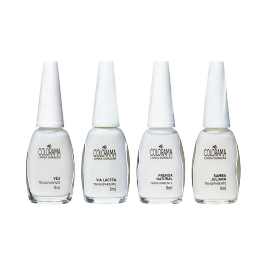 Four 8 ml bottles of Colorama nail polish, labeled "Transparente." From left to right: Véu, Via Láctea, Pétala Natural, Samba Juliana. Vegan and clear white in color.