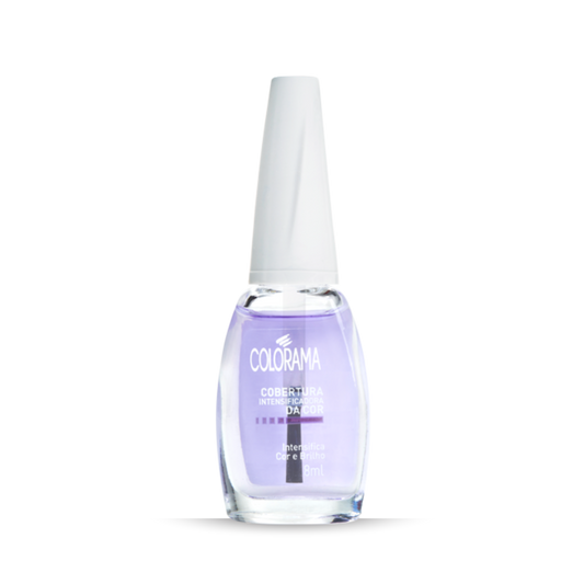 A bottle of Colorama Color Enhancing Top Coat 8 ml with a white cap. The transparent bottle reveals purple nail polish inside. The label reads "Colorama, Cobertura Intensificadora da Cor, Nutri-Complex, 8ml".