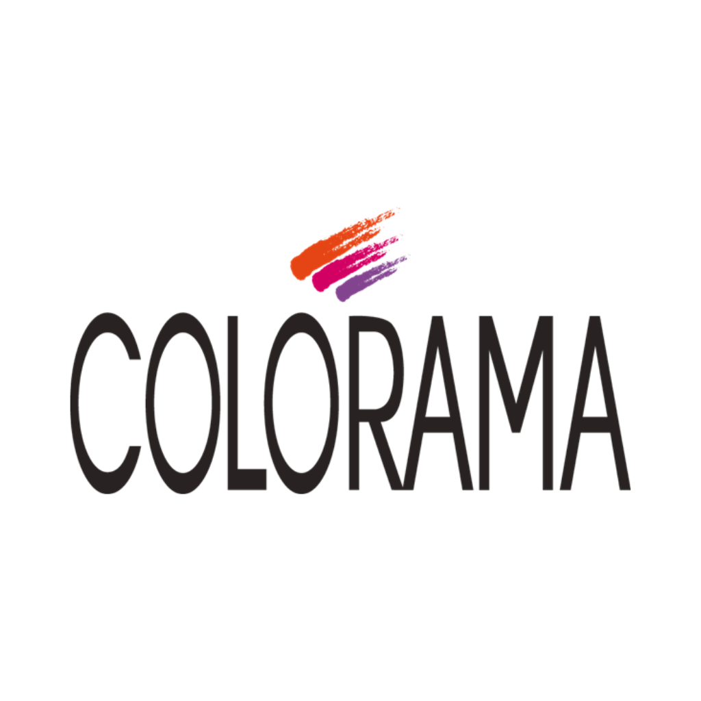 The image shows the logo for COLORAMA. The words "COLORAMA" are written in bold, black, uppercase letters. Above the first "O" in "COLORAMA," there are three brush strokes in red, orange, and purple—reflective of Brazilian Colorama's vibrant palette.