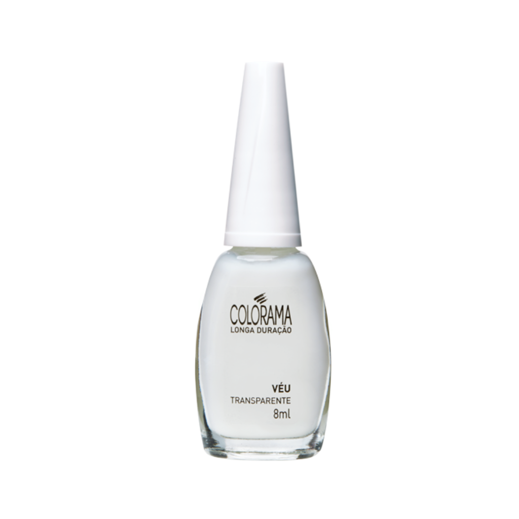 An 8ml bottle of Colorama Regular nail polish in "Véu Transparente" with a white cap, offering vegan, hypoallergenic clear polish.
